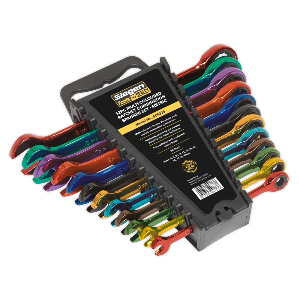 Siegen Multi-Coloured Combination Ratchet Spanner Set 12pc S01075 - BostonPlates Autocare Centre