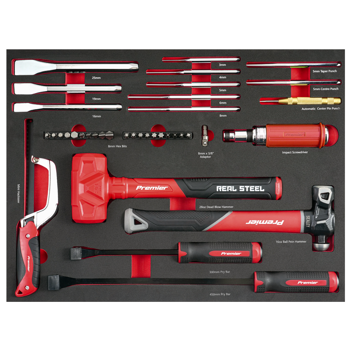 Sealey Premier Striking, Pry Bar, Hacksaw & Impact Screwdriver Set 39pc TBT66 - BostonPlates Autocare Centre