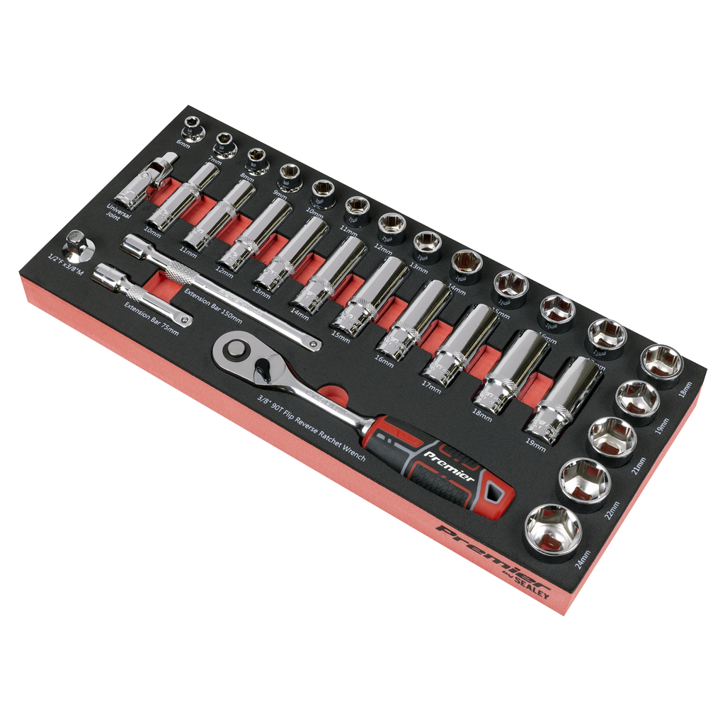 Sealey Premier Socket Set with Tool Tray 3/8"Sq Drive 32pc TBT41 - BostonPlates Autocare Centre