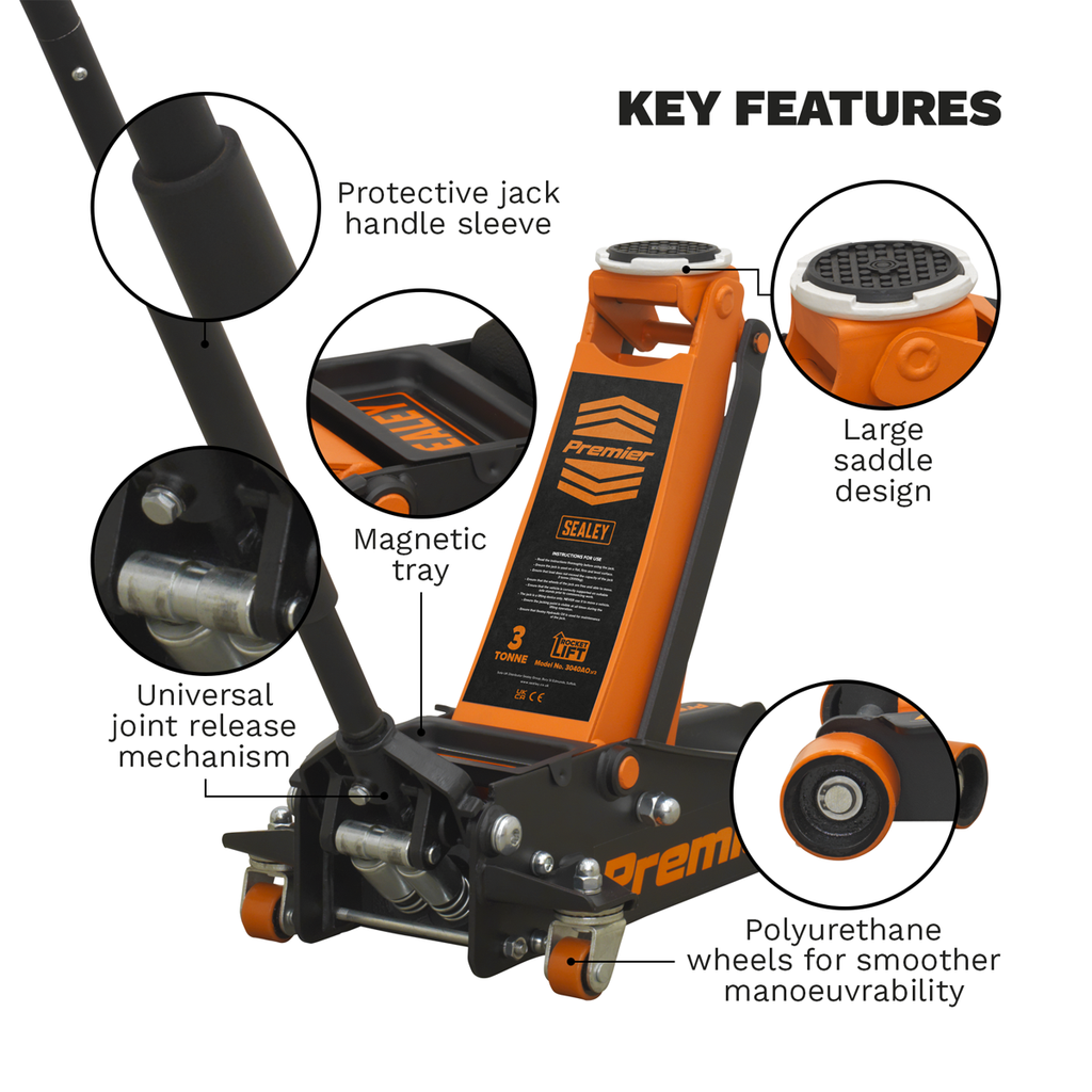 Sealey Premier Low Profile Trolley Jack with Rocket Lift 3 Tonne - Orange 3040AO