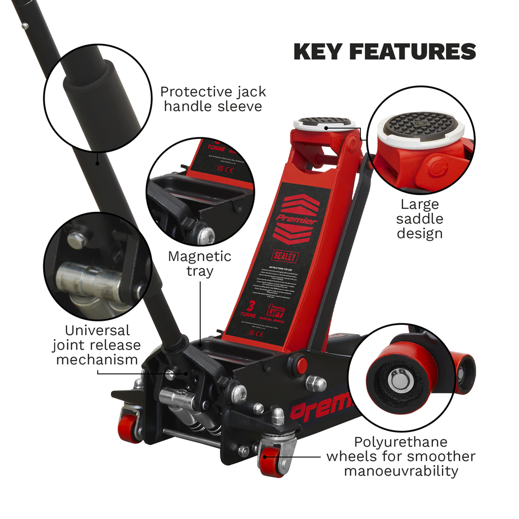 Sealey Premier Low Profile Trolley Jack with Rocket Lift 3 Tonne - Red 3040AR