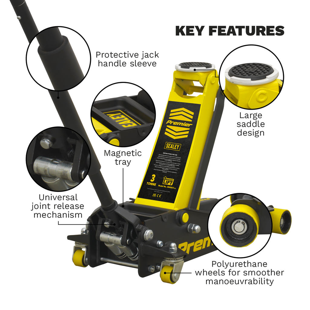Sealey Premier Low Profile Trolley Jack with Rocket Lift 3 Tonne - Yellow 3040AY