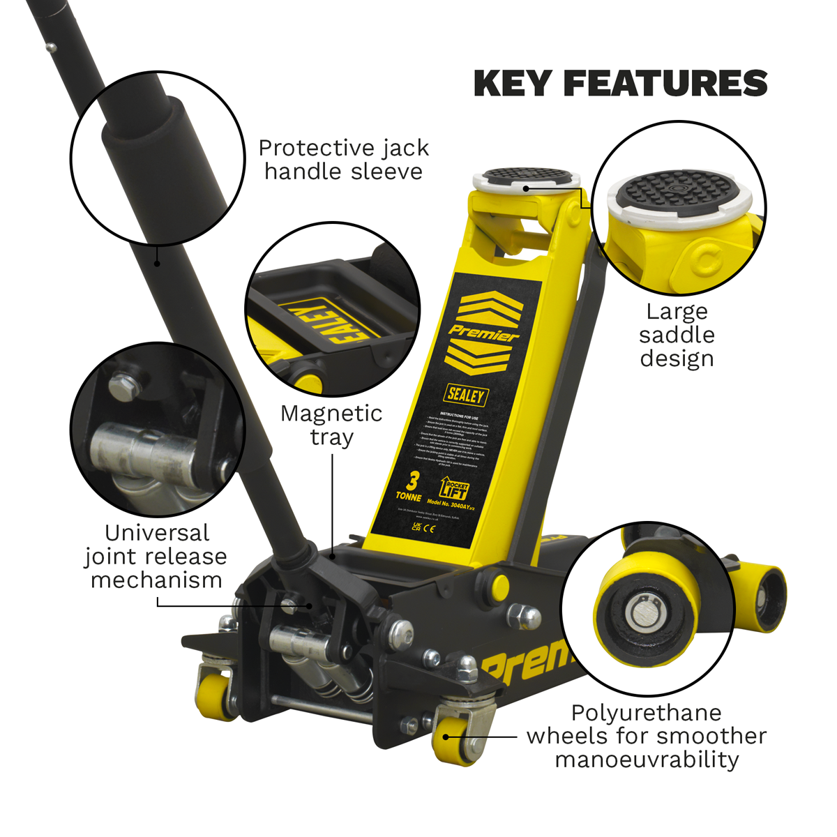 Sealey Premier Low Profile Trolley Jack with Rocket Lift 3 Tonne - Yellow 3040AY
