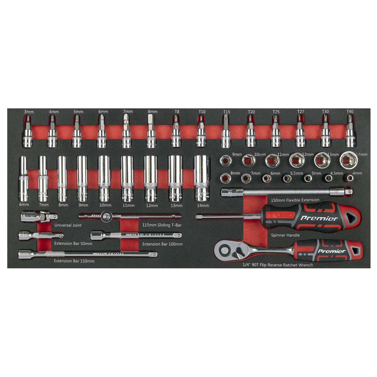 Sealey Premier Socket Set with Tool Tray 1/4"Sq Drive 44pc TBT40 - BostonPlates Autocare Centre