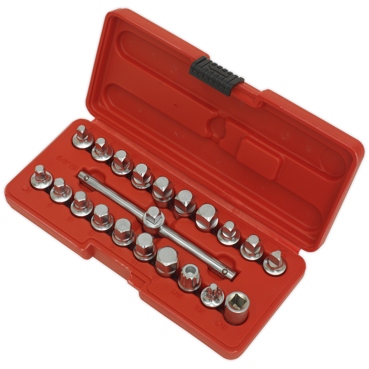 Sealey Oil Drain Plug Key Set 3/8"Sq Drive 21pc AK6586 - BostonPlates Autocare Centre