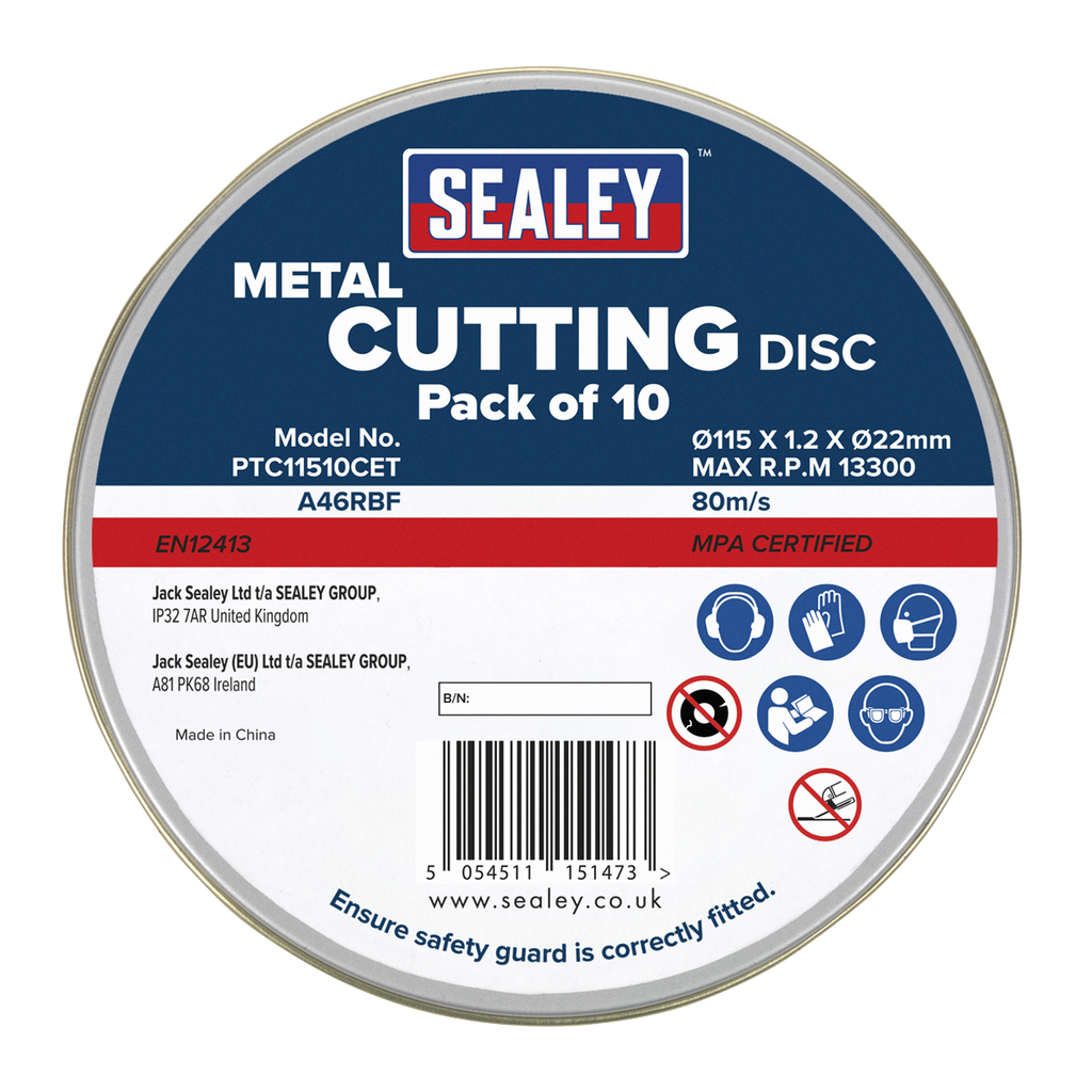 Sealey 115 x 1.2mm Cutting Disc 22mm Bore - Pack of 10 PTC11510CET - BostonPlates Autocare Centre