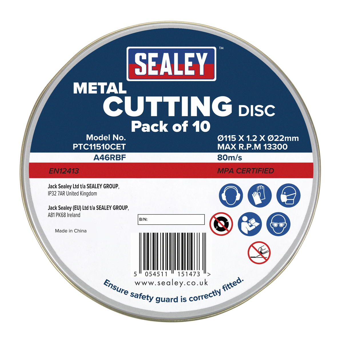 Sealey 115 x 1.2mm Cutting Disc 22mm Bore - Pack of 10 PTC11510CET - BostonPlates Autocare Centre