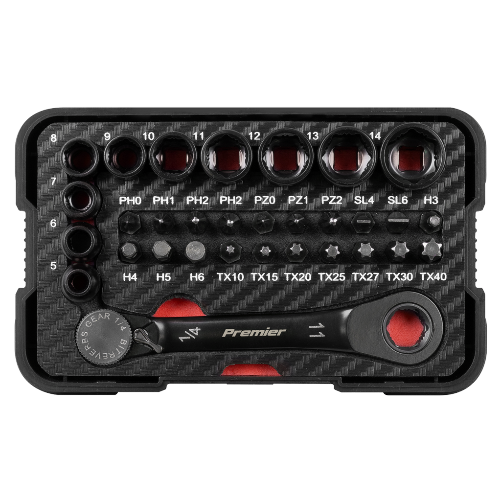 Sealey Premier Black Go-Through Lock-On™ Low Profile Socket & Bit 1/4"Sq 31pc AK2112 - BostonPlates Autocare Centre