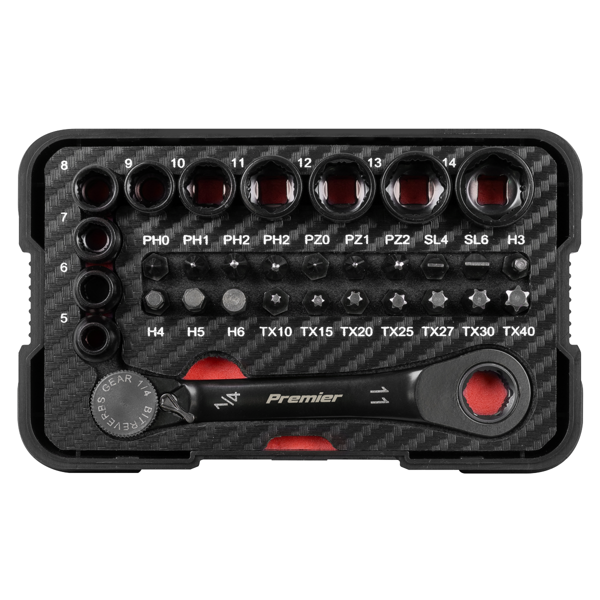 Sealey Premier Black Go-Through Lock-On™ Low Profile Socket & Bit 1/4"Sq 31pc AK2112 - BostonPlates Autocare Centre