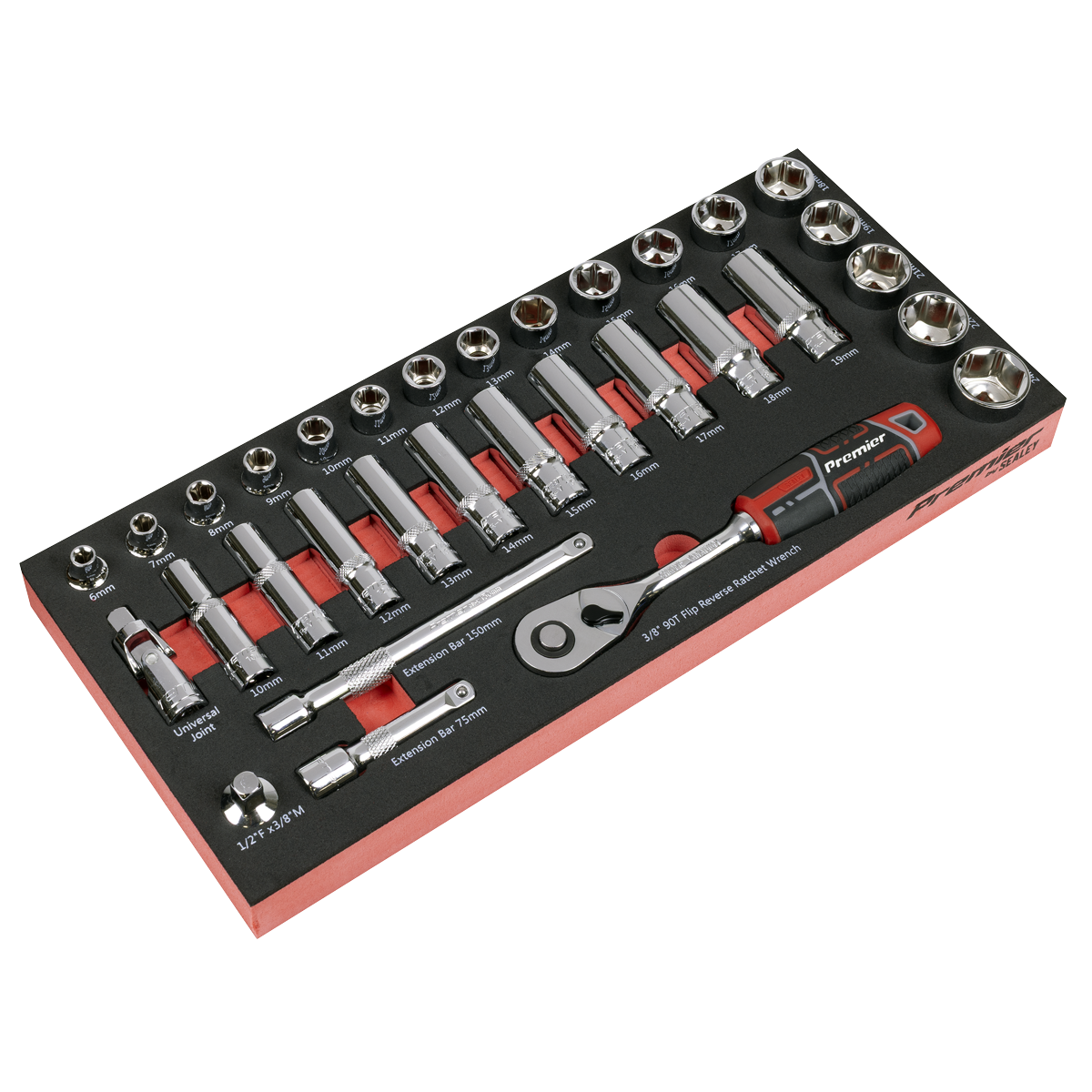Sealey Premier Socket Set with Tool Tray 3/8"Sq Drive 32pc TBT41 - BostonPlates Autocare Centre