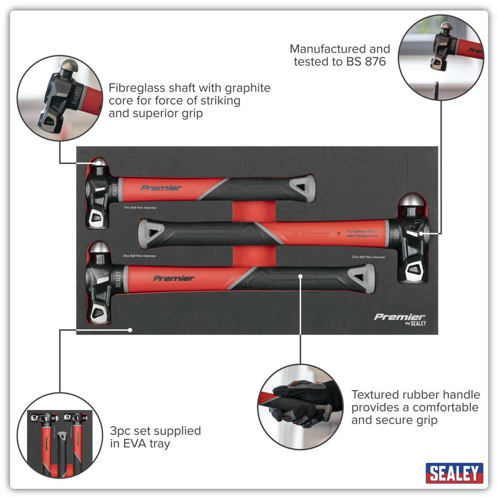 Sealey Premier Ball Pein Hammer Set with Fibreglass Shafts 3pc AK2033 - BostonPlates Autocare Centre