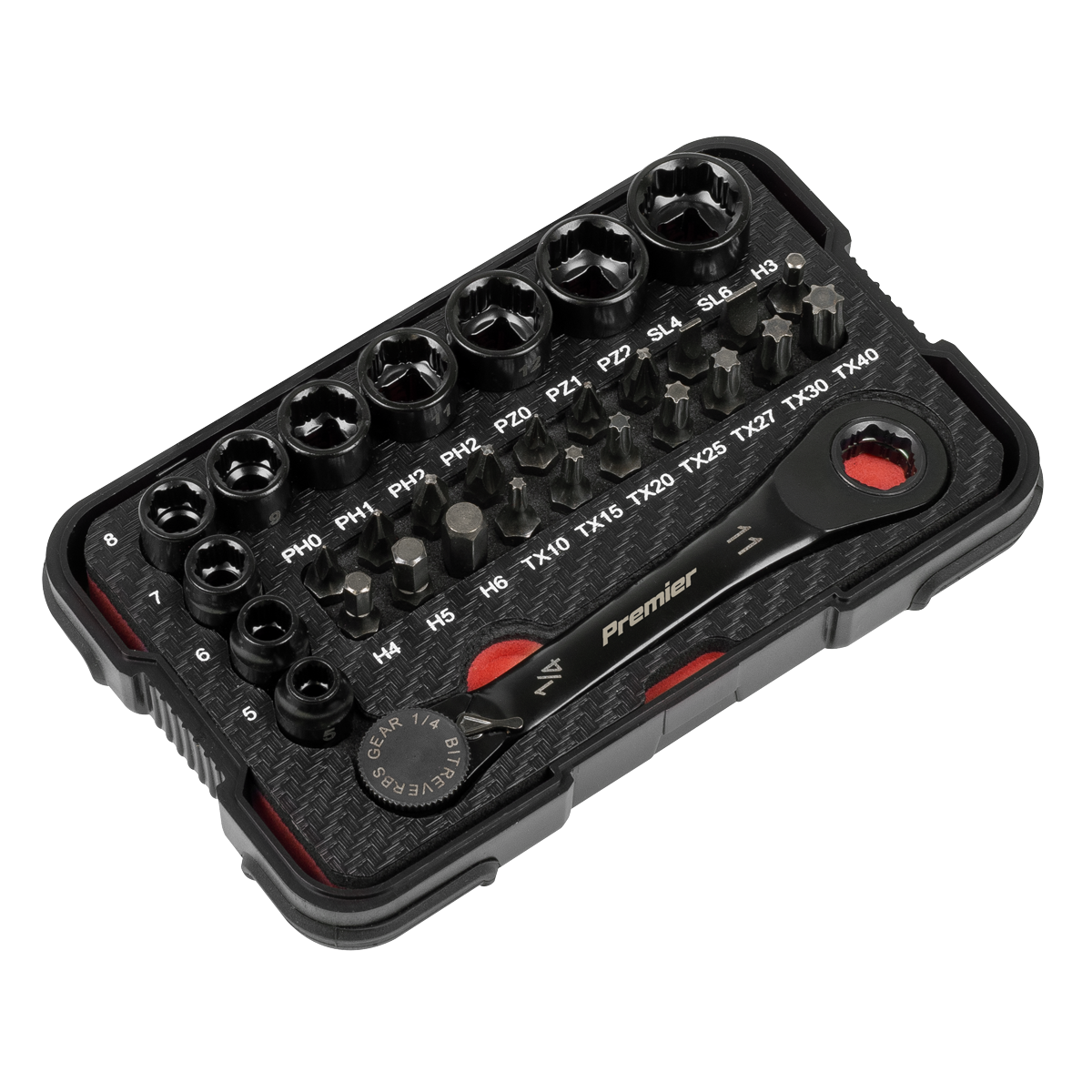 Sealey Premier Black Go-Through Lock-On™ Low Profile Socket & Bit 1/4"Sq 31pc AK2112 - BostonPlates Autocare Centre
