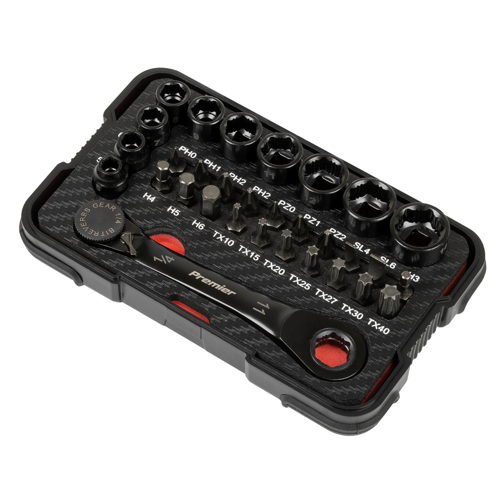 Sealey Premier Black Go-Through Lock-On™ Low Profile Socket & Bit 1/4"Sq 31pc AK2112 - BostonPlates Autocare Centre