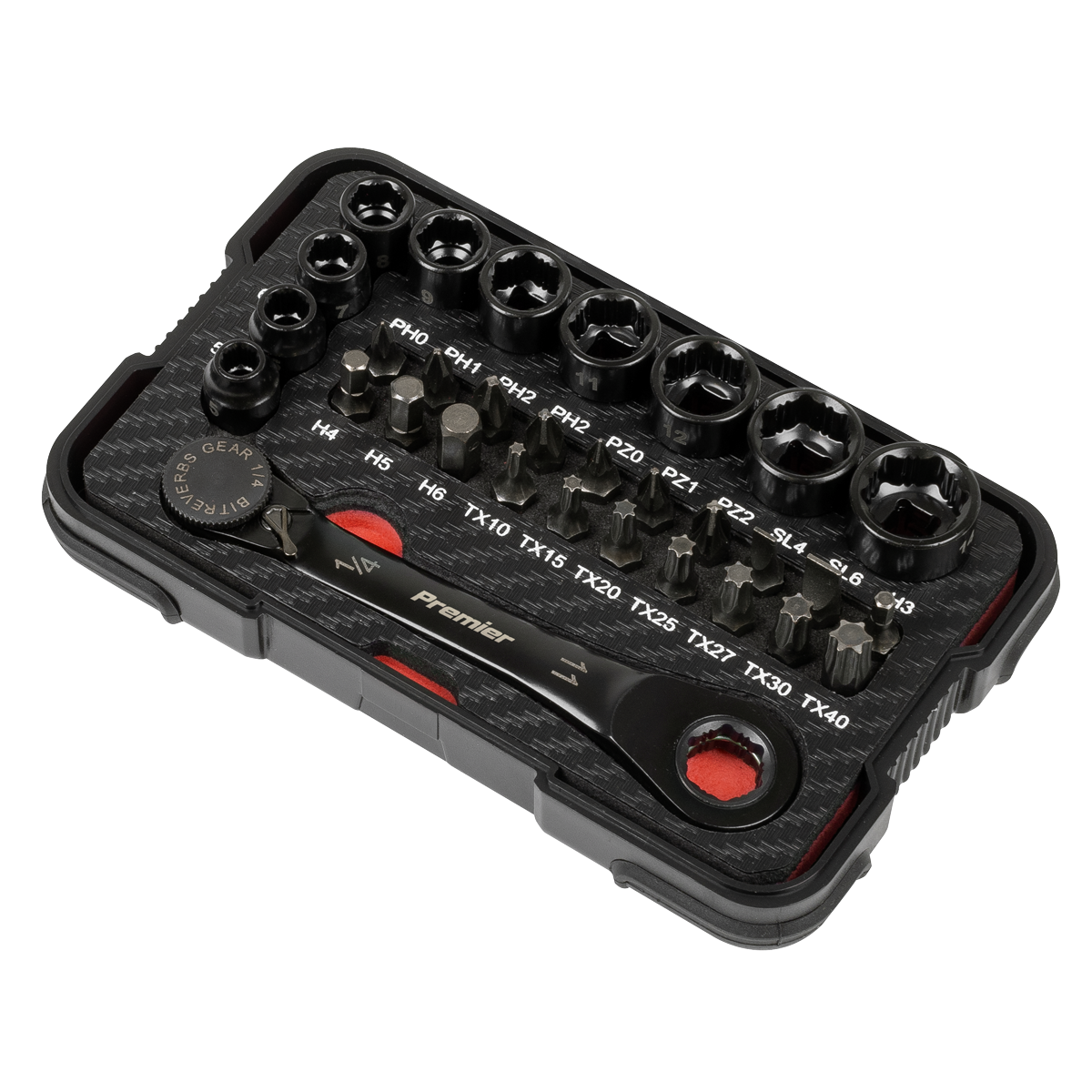 Sealey Premier Black Go-Through Lock-On™ Low Profile Socket & Bit 1/4"Sq 31pc AK2112 - BostonPlates Autocare Centre