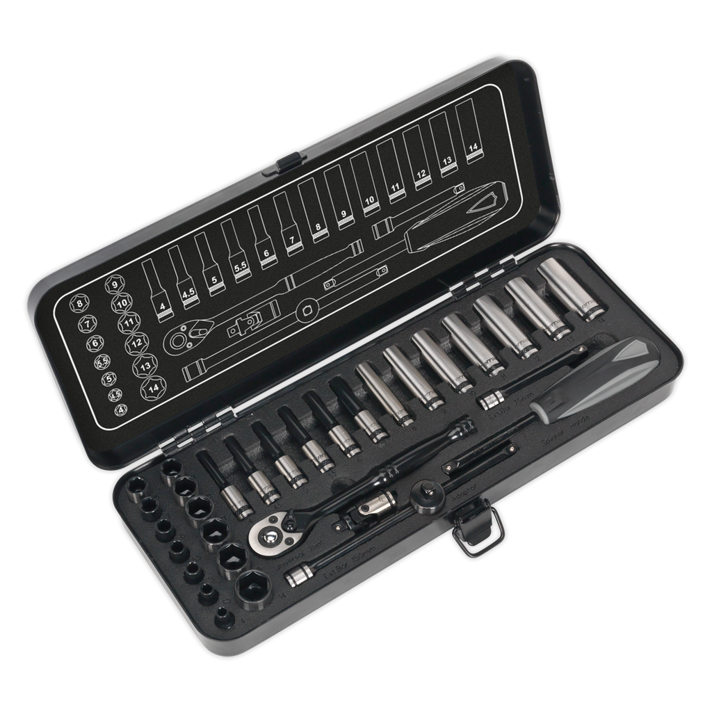 Sealey Premier Black Socket Set 1/4"Sq Drive 32pc AK7970 - BostonPlates Autocare Centre
