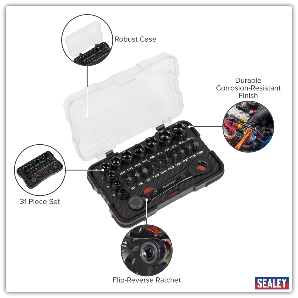 Sealey Premier Black Go-Through Lock-On™ Low Profile Socket & Bit 1/4"Sq 31pc AK2112 - BostonPlates Autocare Centre
