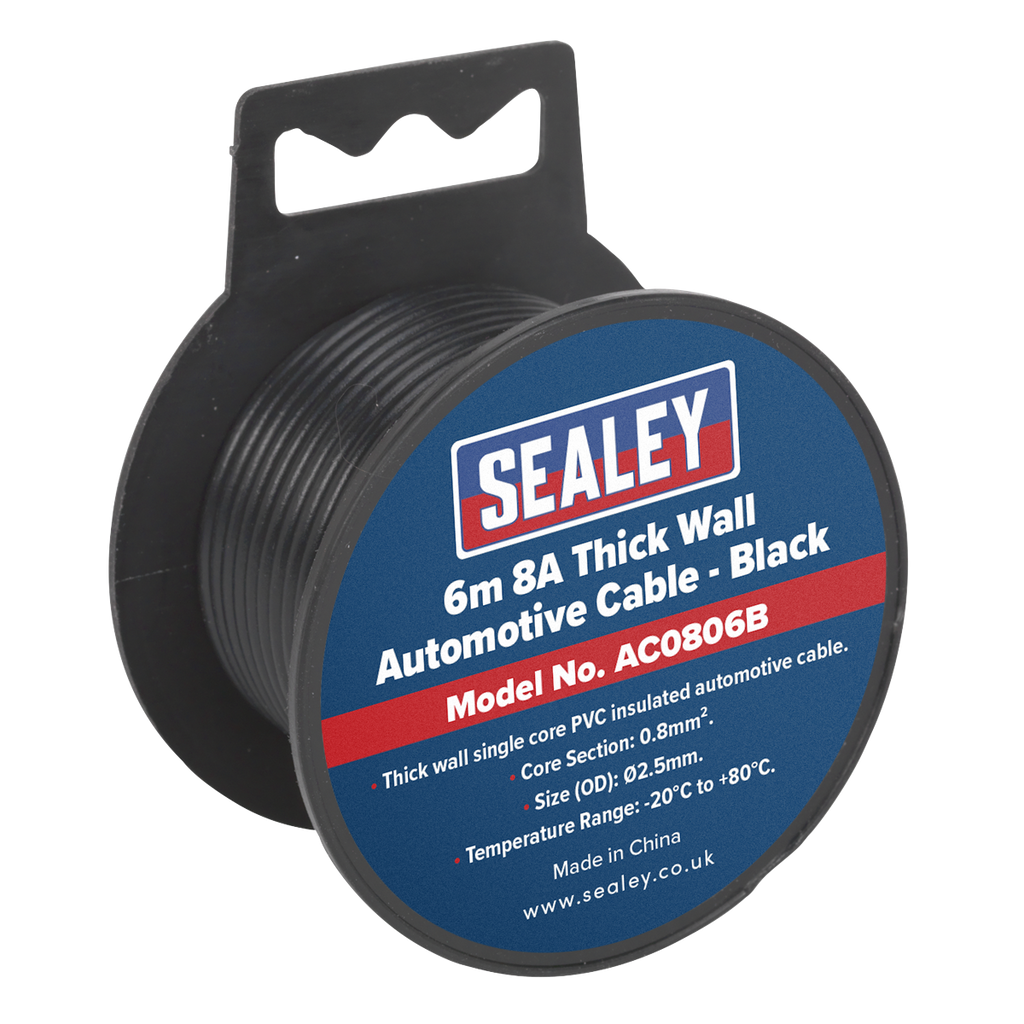 Sealey 8A Thick Wall Automotive Cable 6m - Black AC0806B