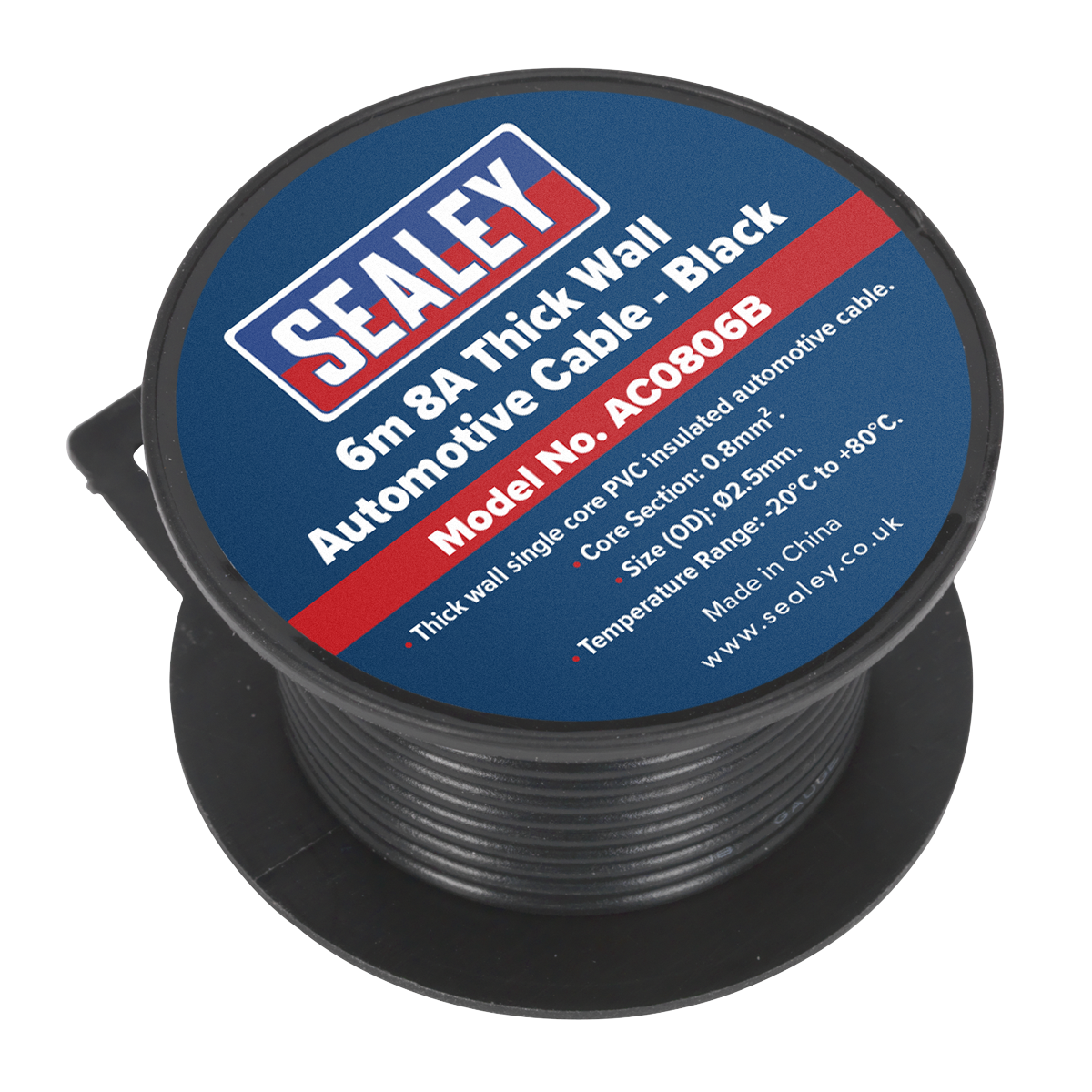 Sealey 8A Thick Wall Automotive Cable 6m - Black AC0806B