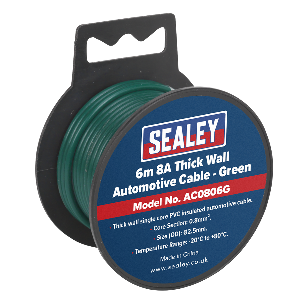 Sealey 8A Thick Wall Automotive Cable 6m - Green AC0806G