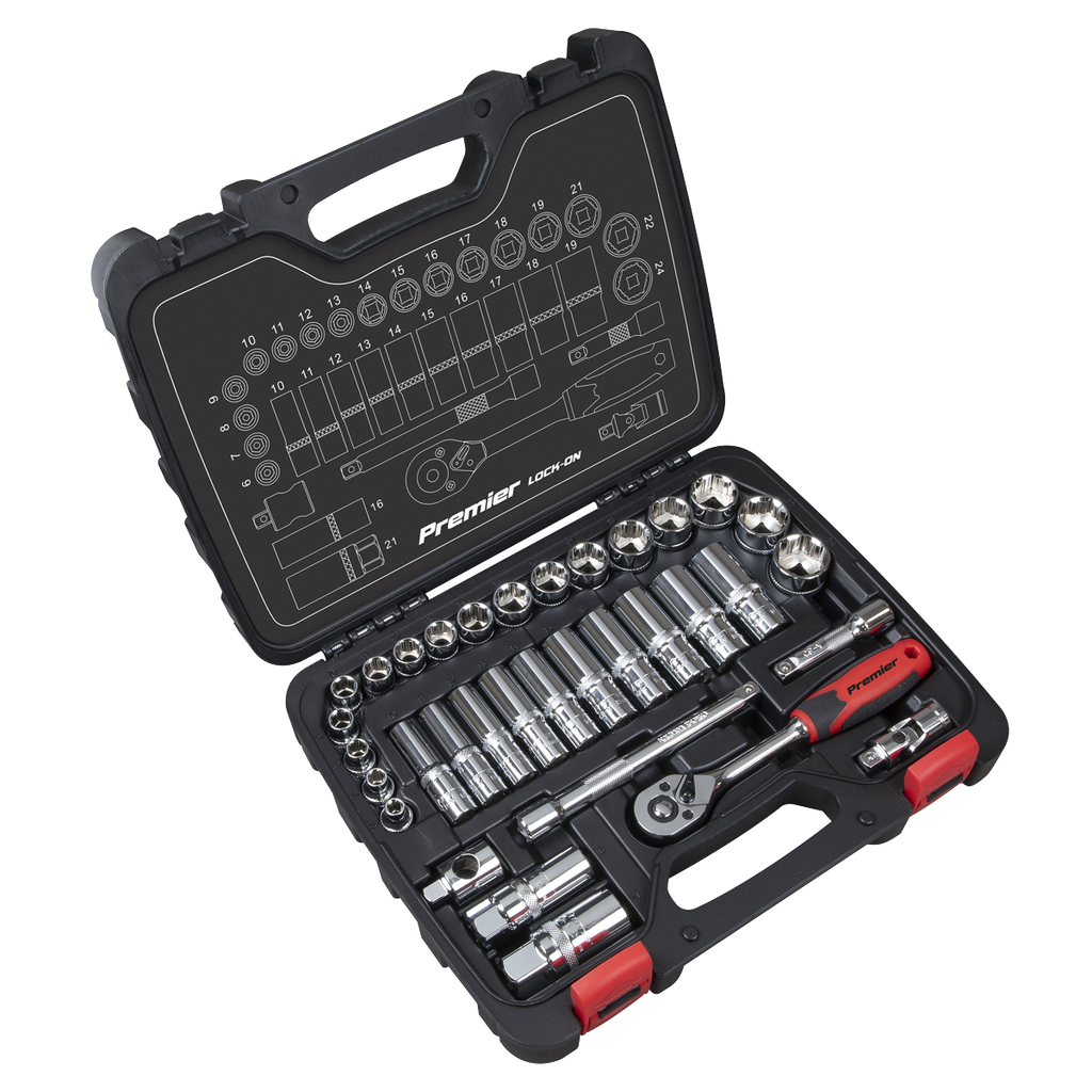 Sealey Premier Lock-On™ Socket Set 3/8"Sq Drive 34pc AK27481 - BostonPlates Autocare Centre