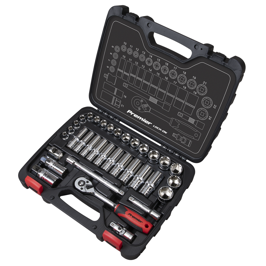 Sealey Premier Lock-On™ Socket Set 3/8"Sq Drive 34pc AK27481 - BostonPlates Autocare Centre