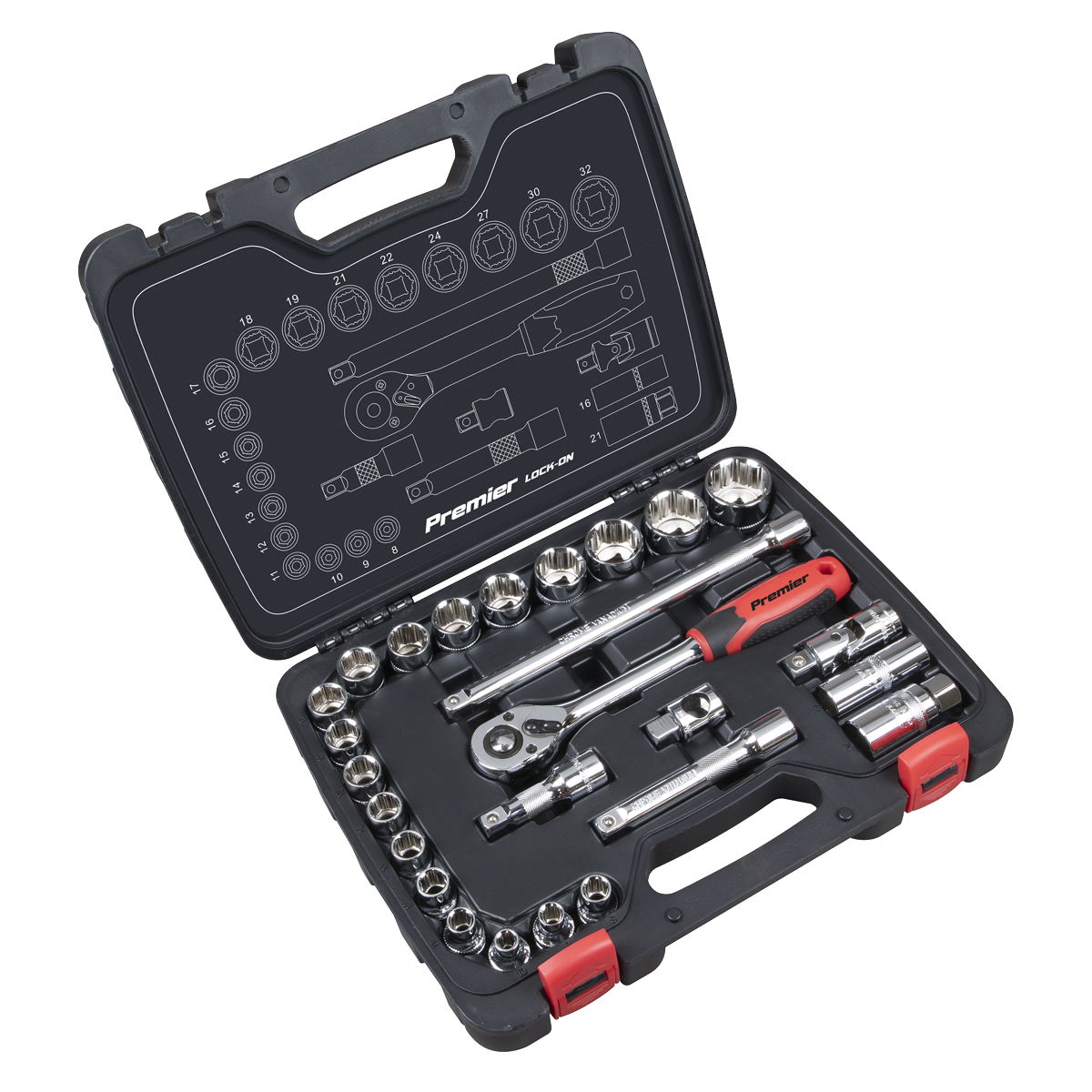 Sealey Premier Lock-On™ Socket Set 1/2"Sq Drive 26pc AK27482 - BostonPlates Autocare Centre