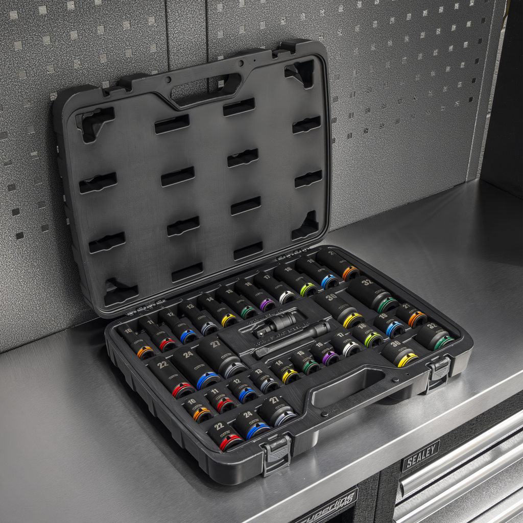 Lock-On™ Standard & Deep Impact Socket Set 34pc 1/2"Sq Drive 6pt Metric AK5636M - BostonPlates Autocare Centre