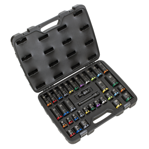 Lock-On™ Standard & Deep Impact Socket Set 34pc 1/2"Sq Drive 6pt Metric AK5636M - BostonPlates Autocare Centre