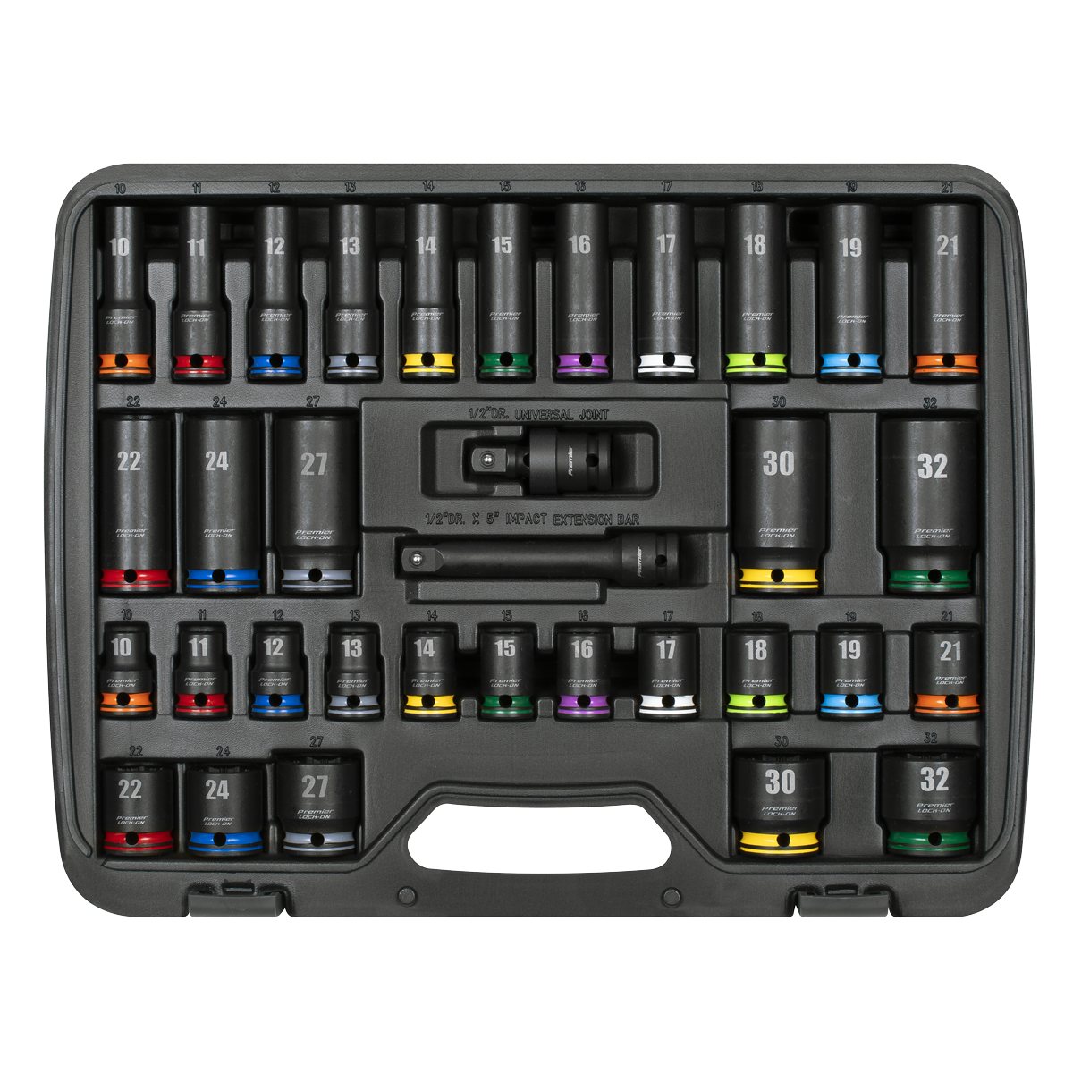 Lock-On™ Standard & Deep Impact Socket Set 34pc 1/2"Sq Drive 6pt Metric AK5636M (Copy)