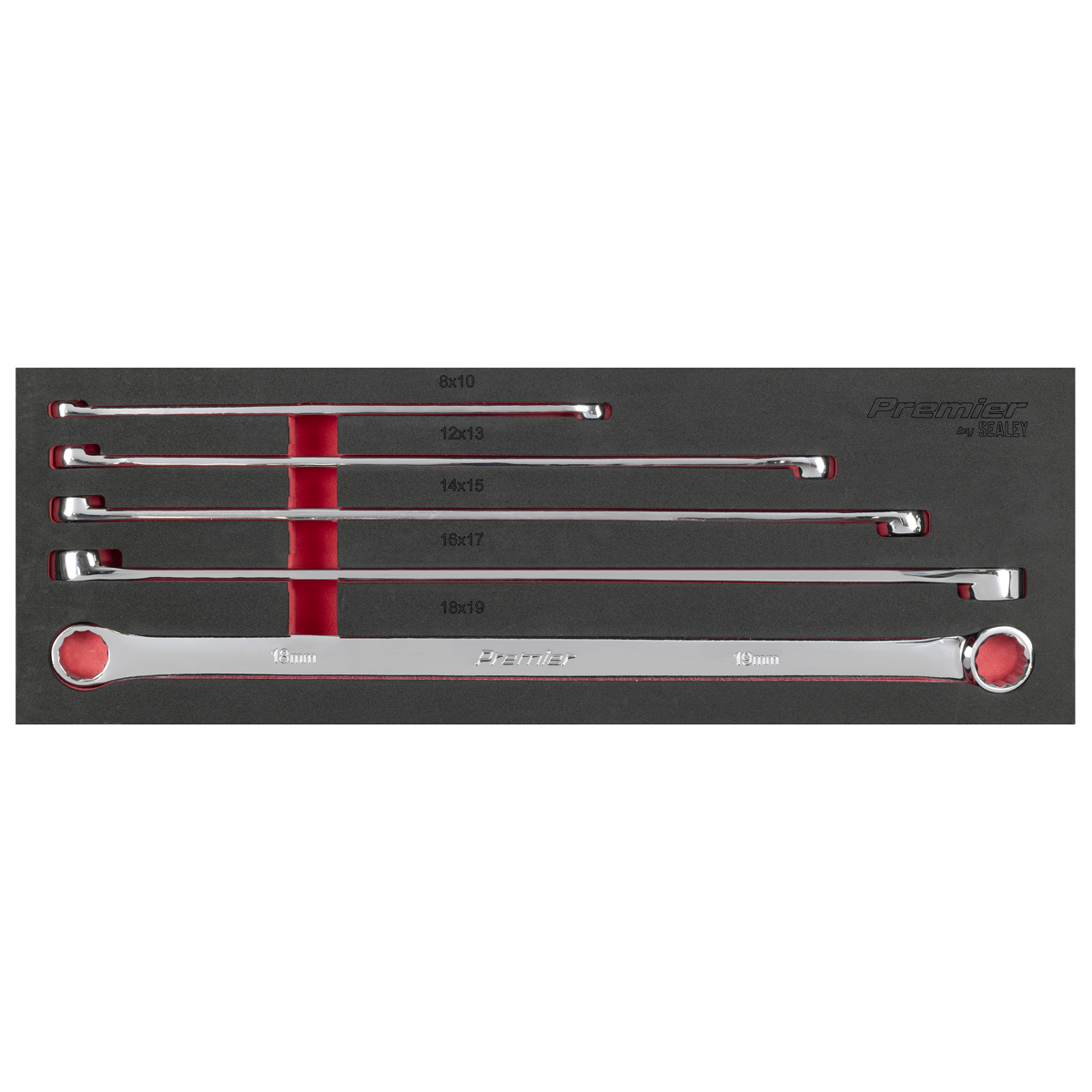 Sealey Premier Extra-Long Double End Ring Spanner Set in EVA Foam Tray 5pc AK63110