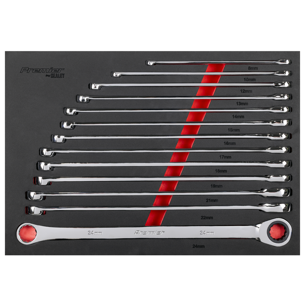 Sealey Premier Extra-Long Double Ring Ratchet/Fixed Spanner Set 13pc AK63190