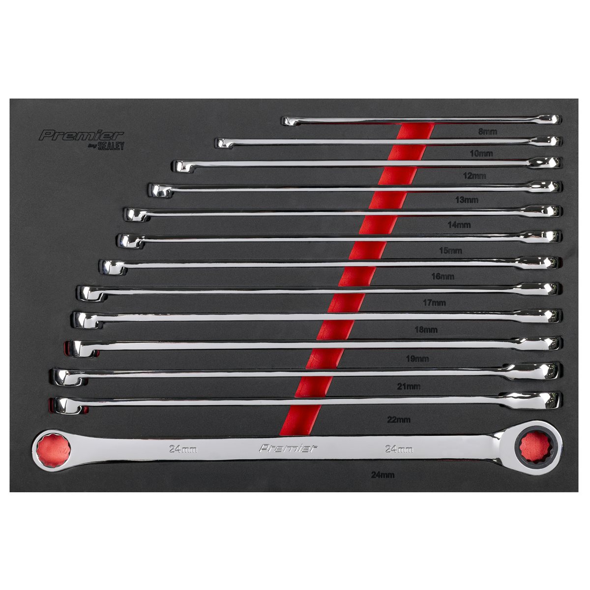 Sealey Premier Extra-Long Double Ring Ratchet/Fixed Spanner Set 13pc AK63190