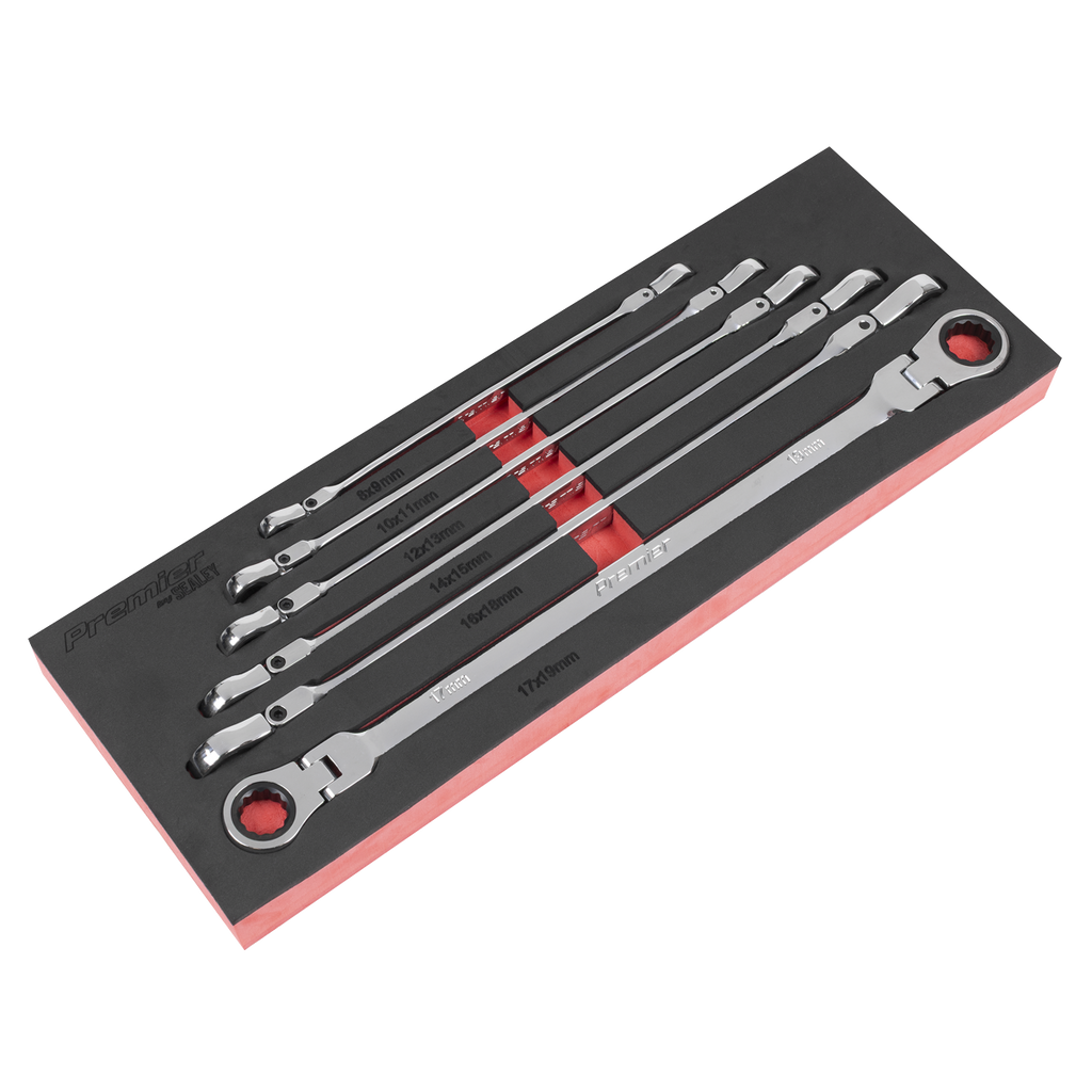 Sealey Premier Extra-Long Flexi-Head Double End Ratchet Ring Spanner Set 6pc AK63832 - BostonPlates Autocare Centre