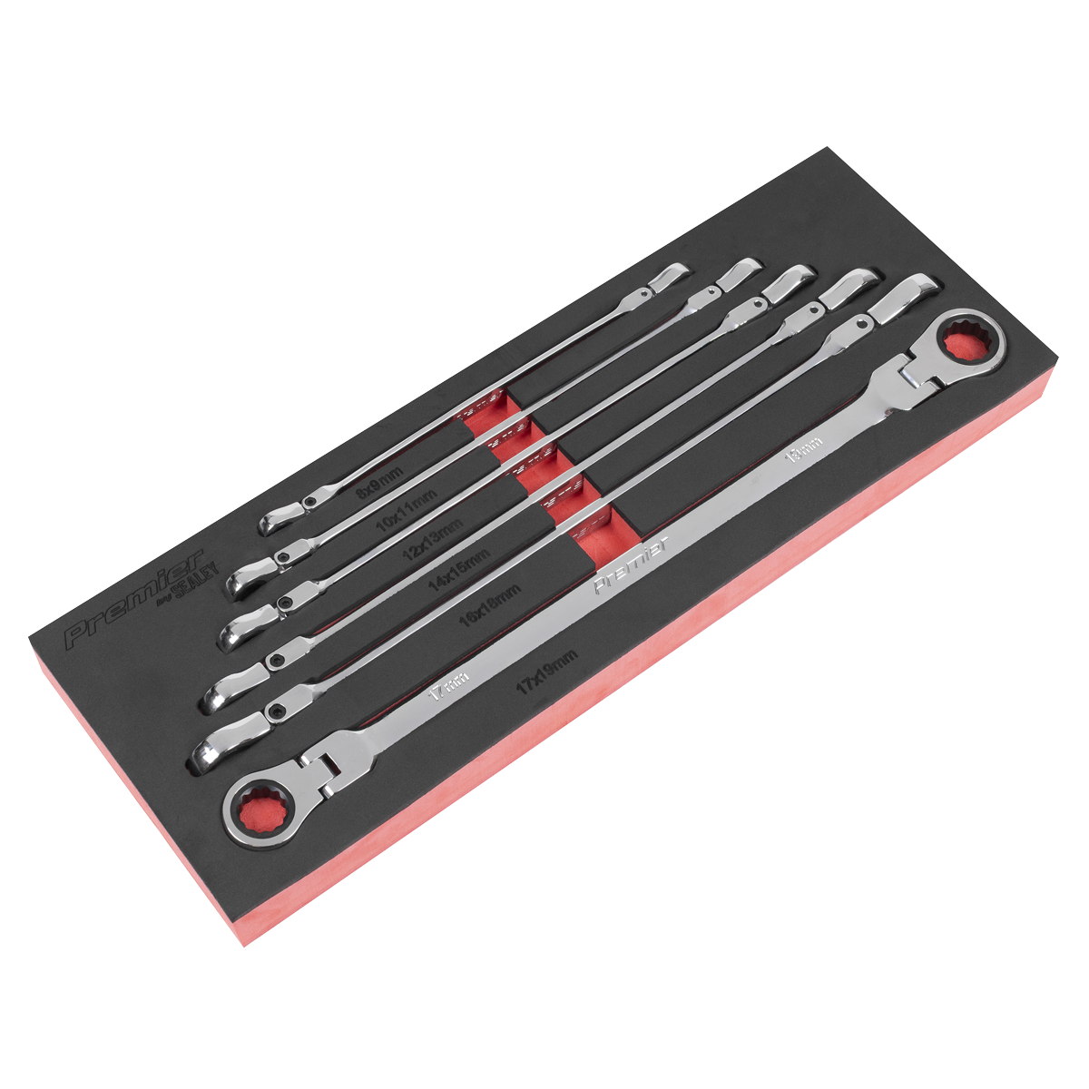 Sealey Premier Extra-Long Flexi-Head Double End Ratchet Ring Spanner Set 6pc AK63832 - BostonPlates Autocare Centre