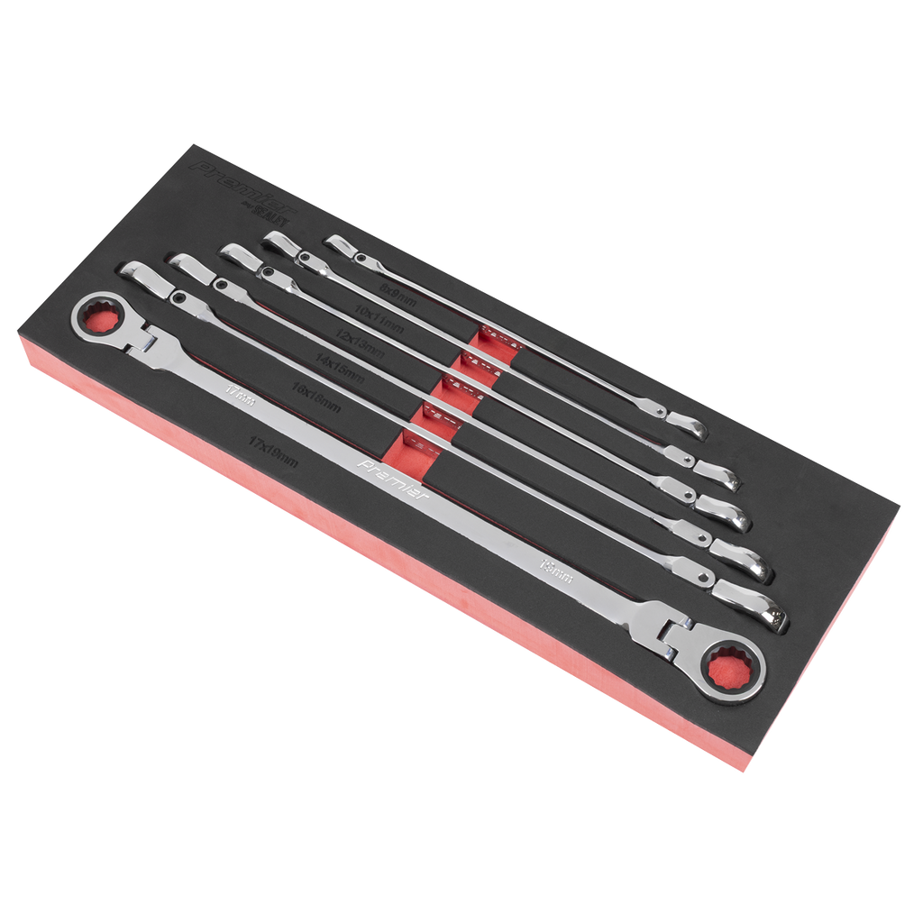 Sealey Premier Extra-Long Flexi-Head Double End Ratchet Ring Spanner Set 6pc AK63832 - BostonPlates Autocare Centre