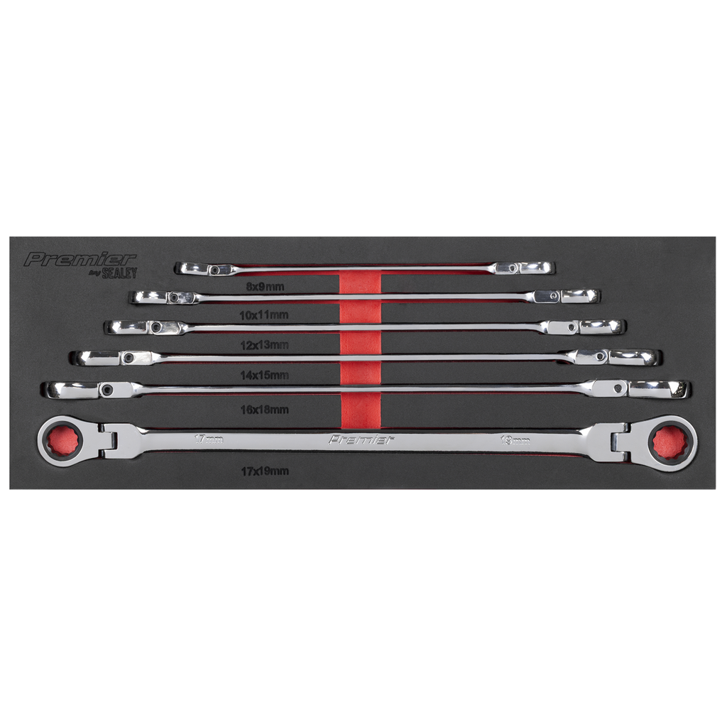 Sealey Premier Extra-Long Flexi-Head Double End Ratchet Ring Spanner Set 6pc AK63832 - BostonPlates Autocare Centre