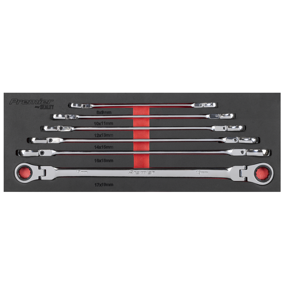 Sealey Premier Extra-Long Flexi-Head Double End Ratchet Ring Spanner Set 6pc AK63832 - BostonPlates Autocare Centre