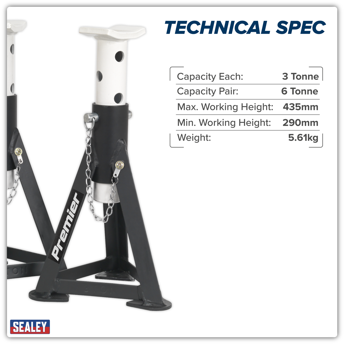 Sealey Premier Axle Stands (Pair) 3 Tonne Capacity per Stand - White AS3