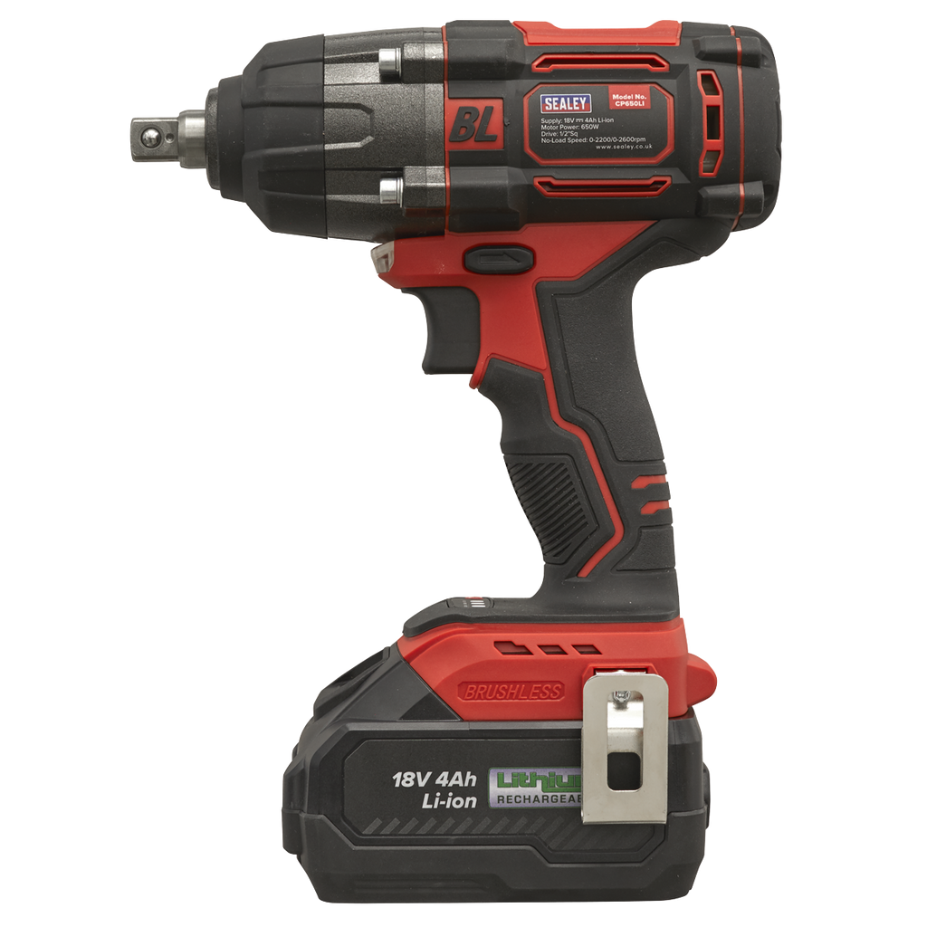Sealey 1/2"Sq Drive Cordless Brushless Impact Wrench 18V 4Ah CP650LI - BostonPlates Autocare Centre