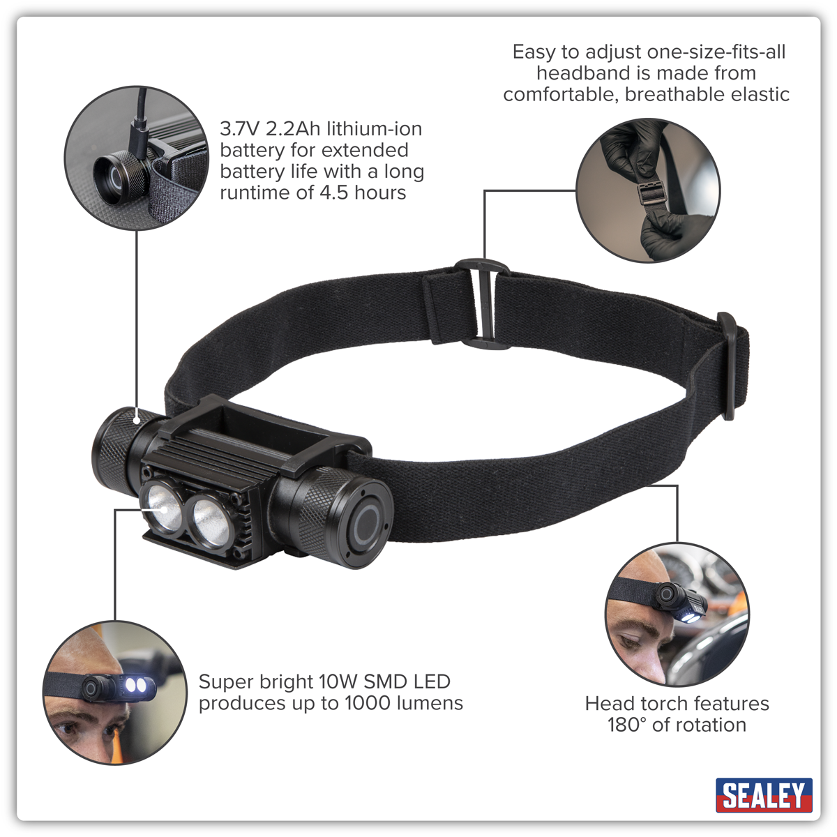 Sealey Rechargeable Head Torch 10W SMD LED HT110R - BostonPlates Autocare Centre