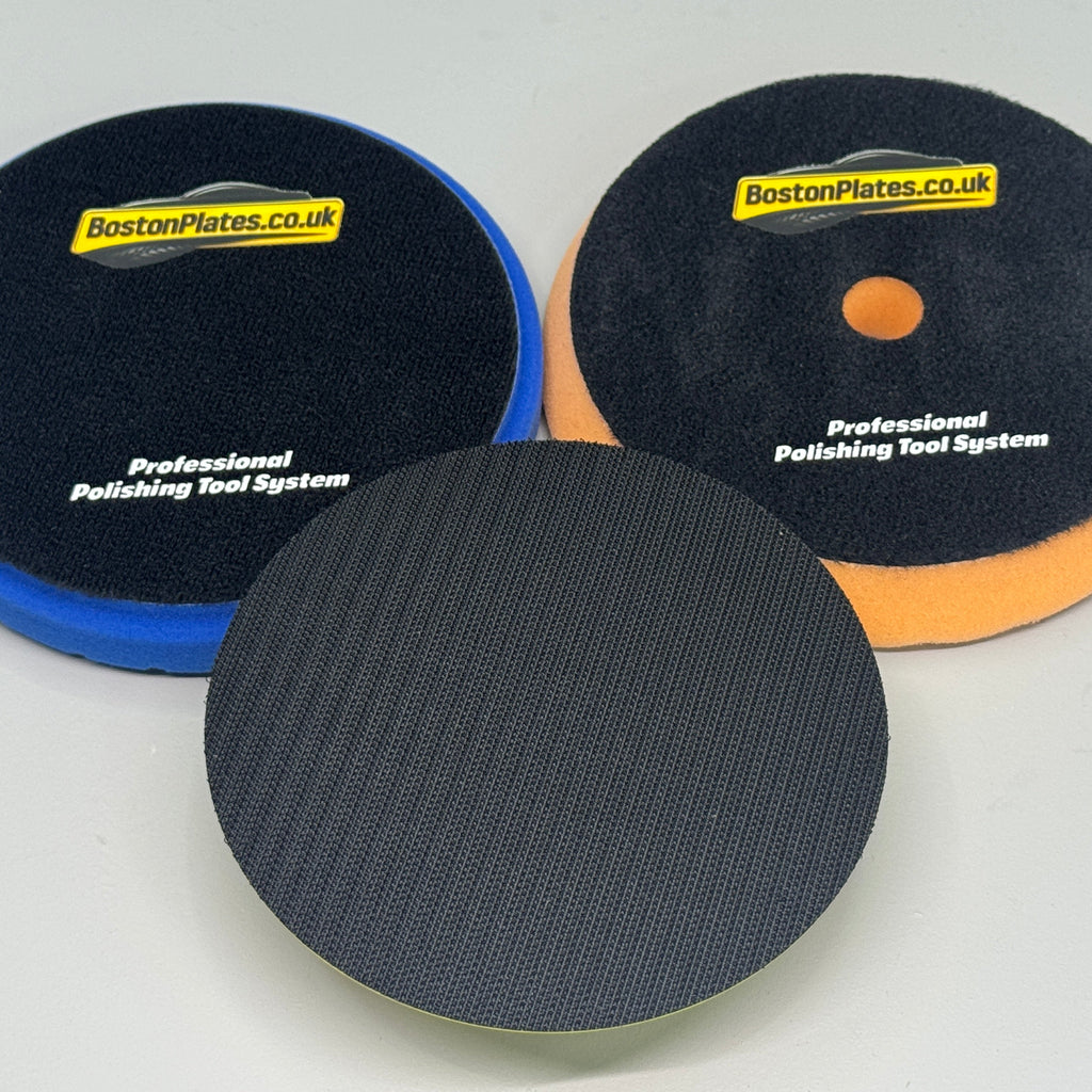 2 x 6 Inch (150mm) Buffing Pad and Polishing Pad. Orange Waffle, Blue Hexagon - BostonPlates Autocare Centre