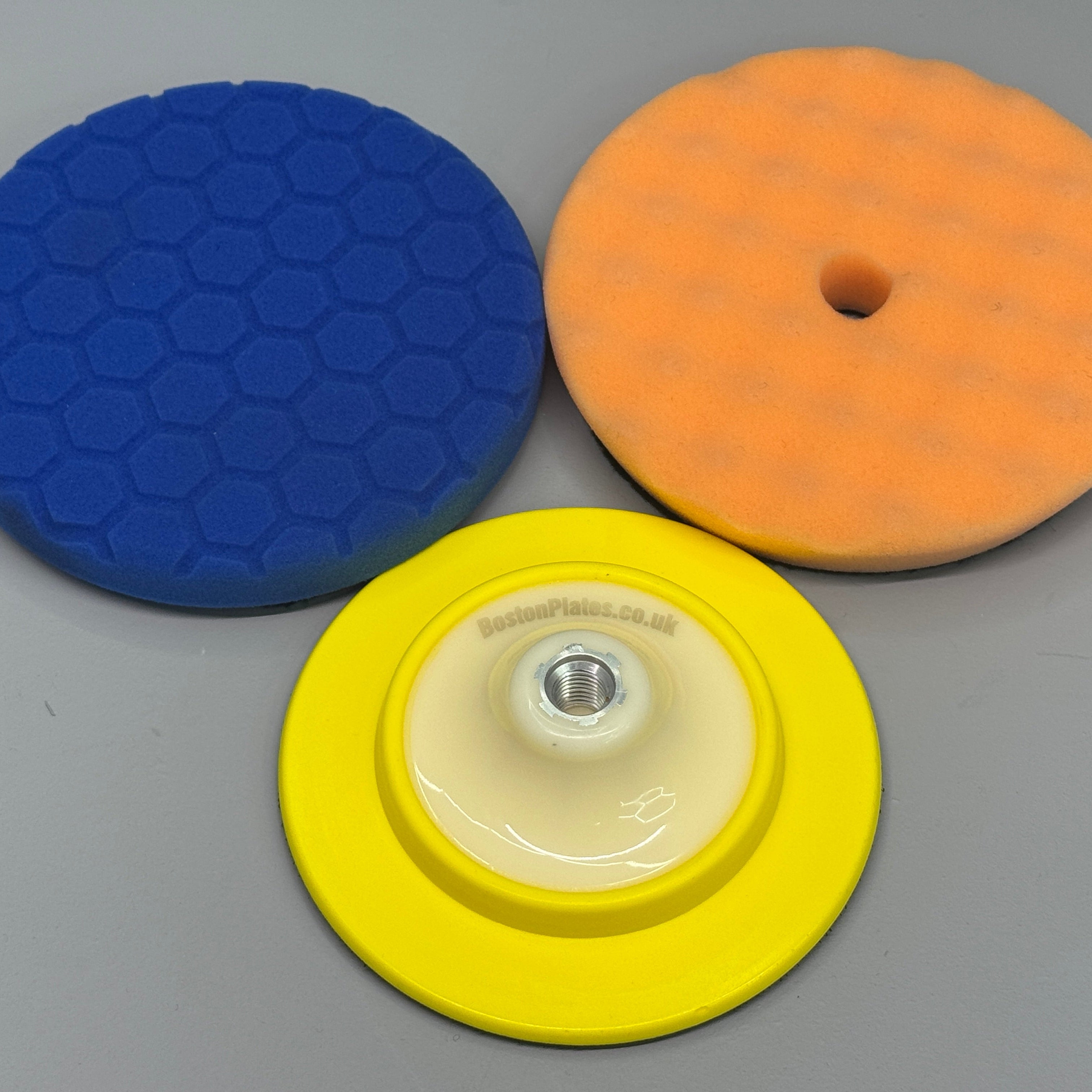 2 x 6 Inch (150mm) Buffing Pad and Polishing Pad. Orange Waffle, Blue Hexagon - BostonPlates Autocare Centre
