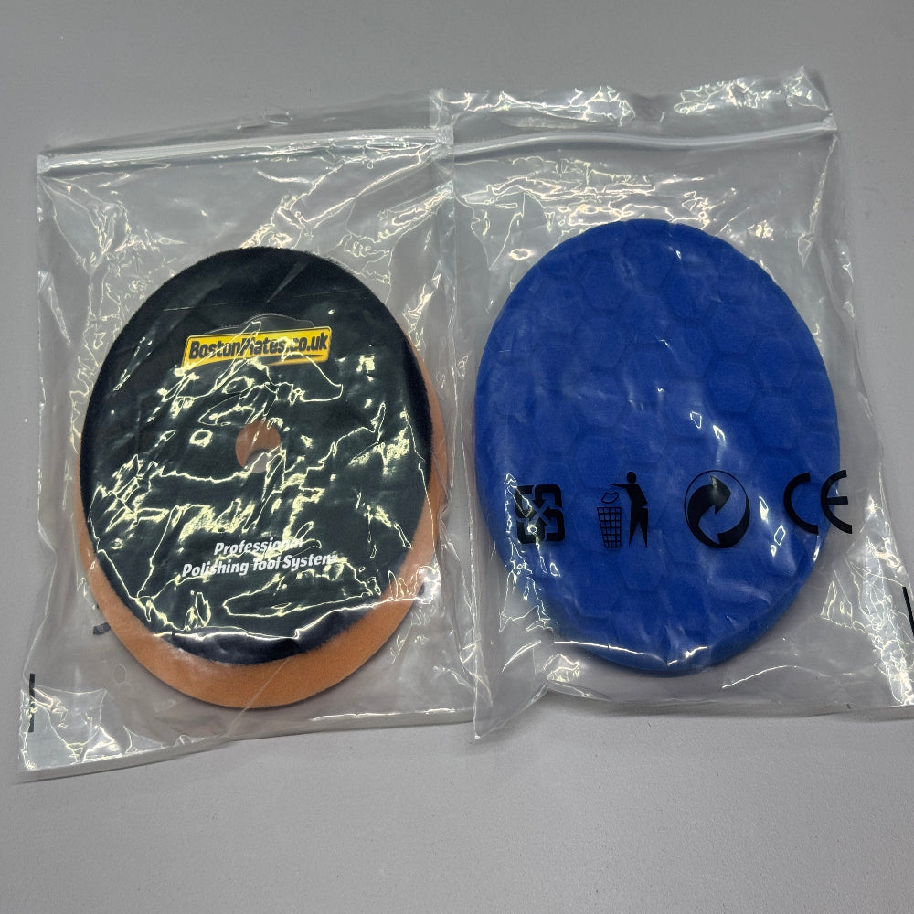 2 x 6 Inch (150mm) Buffing Pad and Polishing Pad. Orange Waffle, Blue Hexagon - BostonPlates Autocare Centre