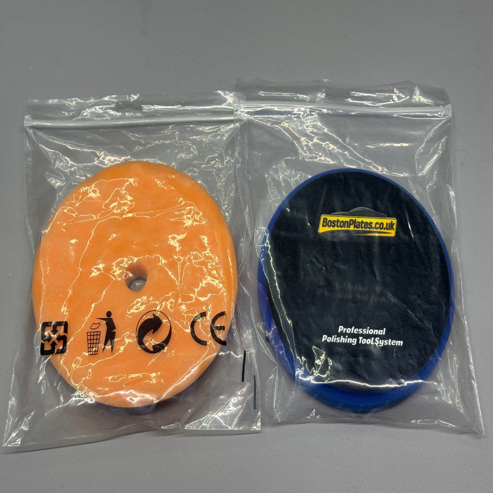2 x 6 Inch (150mm) Buffing Pad and Polishing Pad. Orange Waffle, Blue Hexagon - BostonPlates Autocare Centre