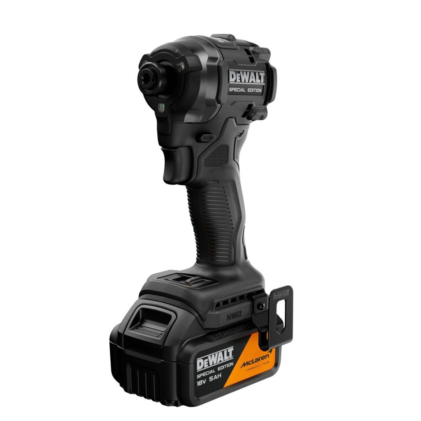 DeWalt cordless impact driver with a black battery pack, shown on a solid white background.