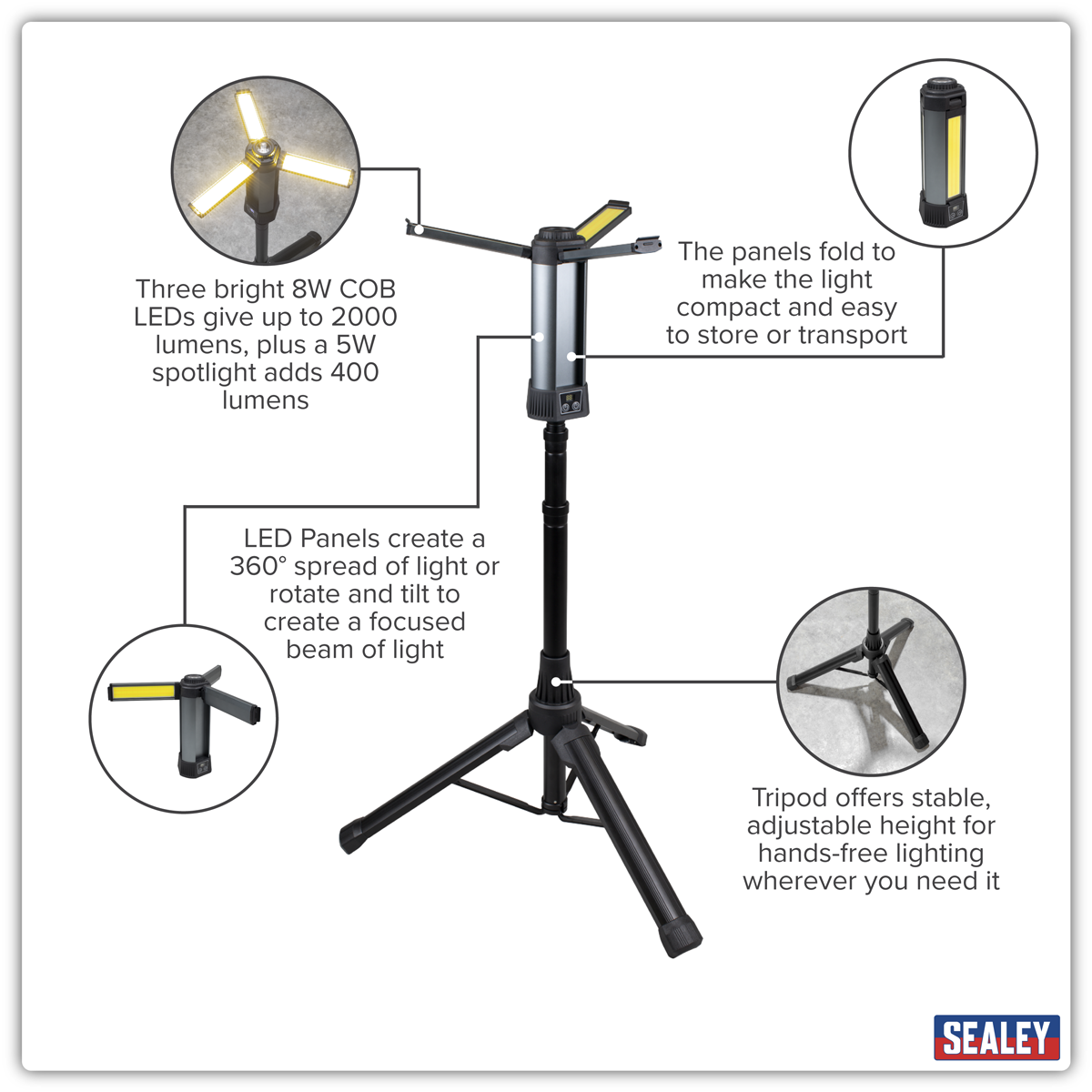 Sealey Rechargeable Flexible Floodlight with Tripod 24W COB LED & 5W SMD LED LED240