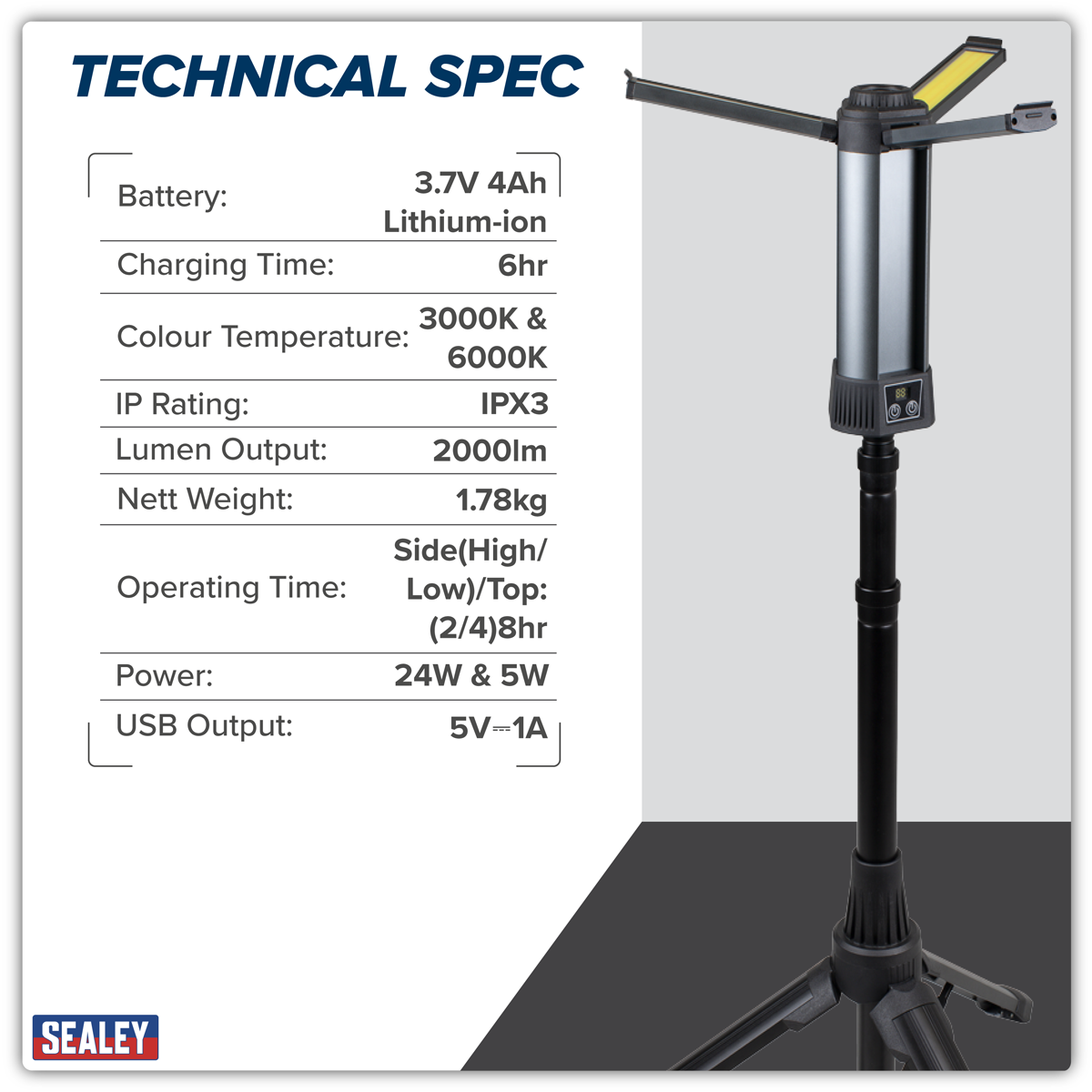 Sealey Rechargeable Flexible Floodlight with Tripod 24W COB LED & 5W SMD LED LED240
