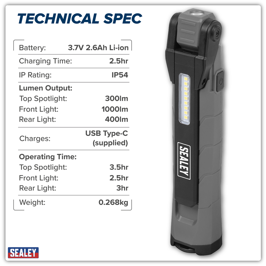 Sealey Rechargeable 360° Inspection Light 10W & 2 x 4W SMD LED - Grey LED3605GR - BostonPlates Autocare Centre