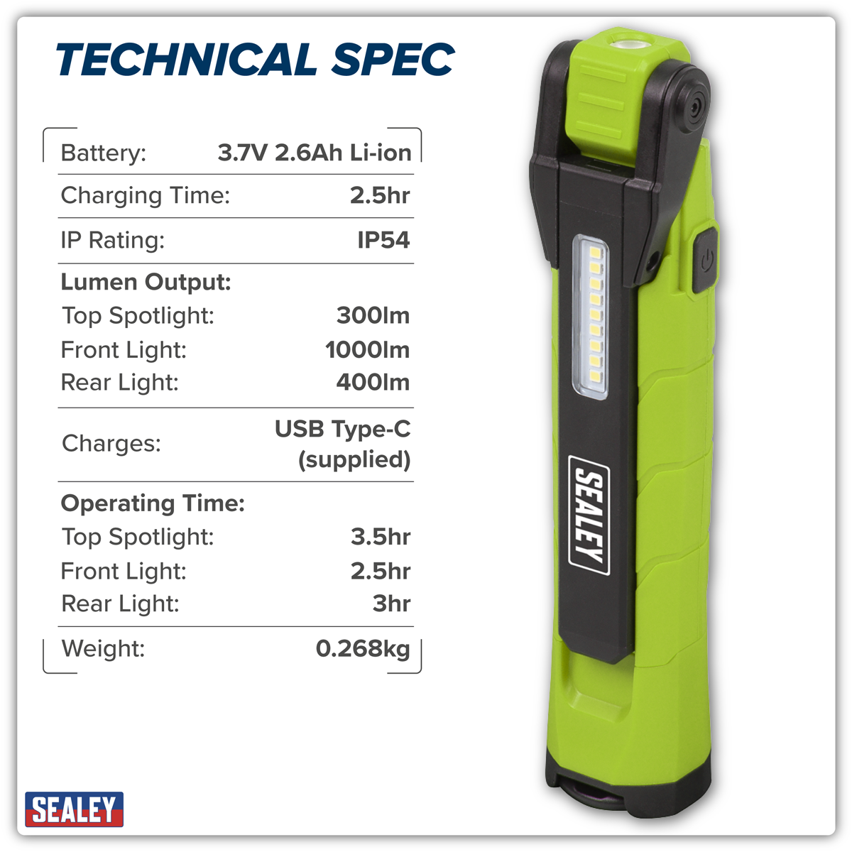 Sealey Rechargeable 360° Inspection Light 10W & 2 x 4W SMD LED - Green LED3605G