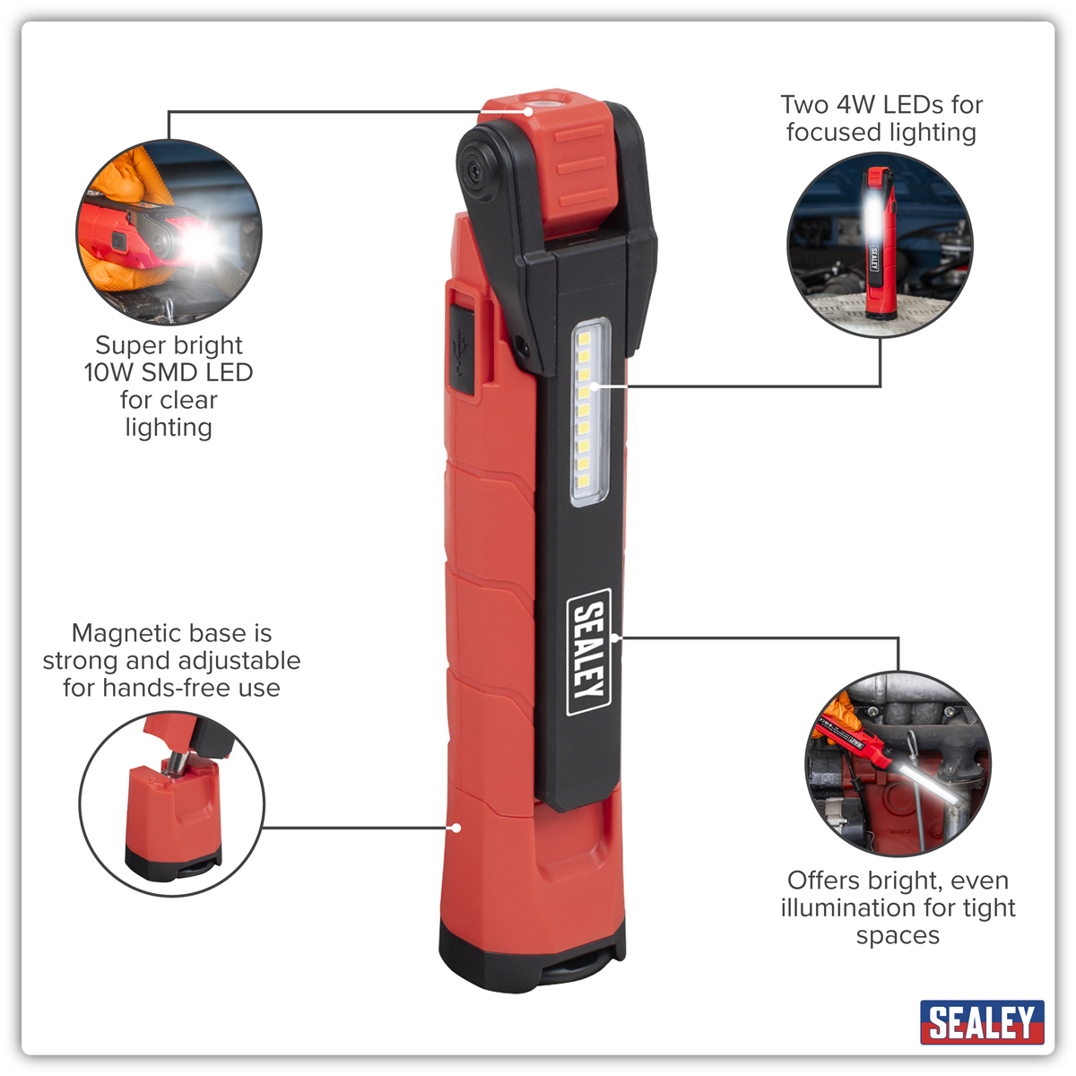 Sealey Rechargeable 360° Inspection Light 10W & 2 x 4W SMD LED - Red LED3605R - BostonPlates Autocare Centre